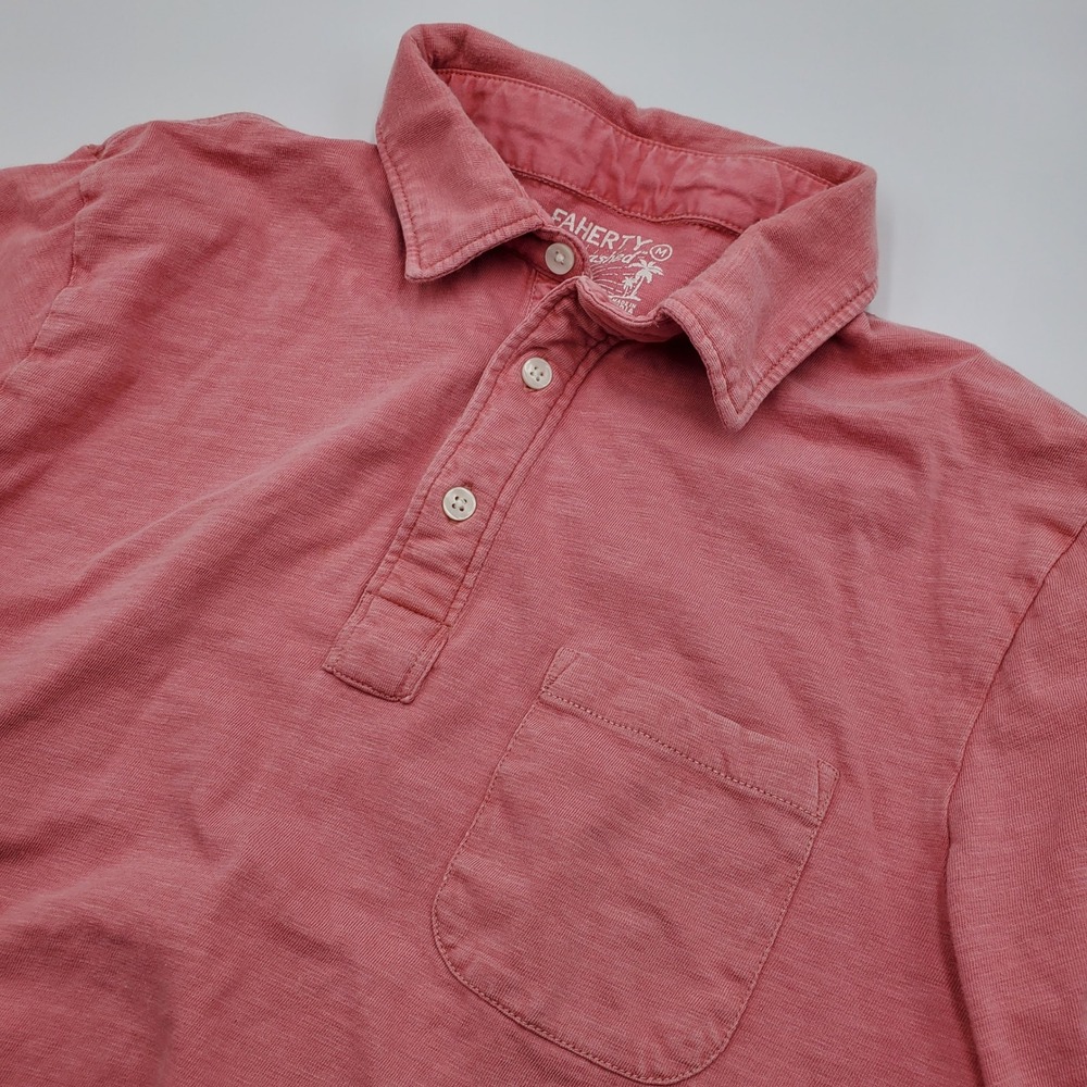 Faherty Sunwashed Organic Cotton Polo Shirt Coral Pink Mens Medium Pocket Slub